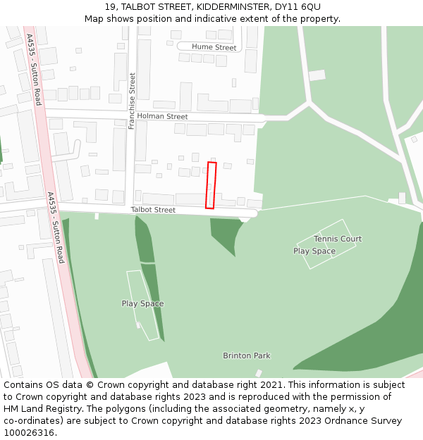 19, TALBOT STREET, KIDDERMINSTER, DY11 6QU: Location map and indicative extent of plot