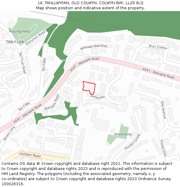 19, TANLLWYFAN, OLD COLWYN, COLWYN BAY, LL29 9LQ: Location map and indicative extent of plot