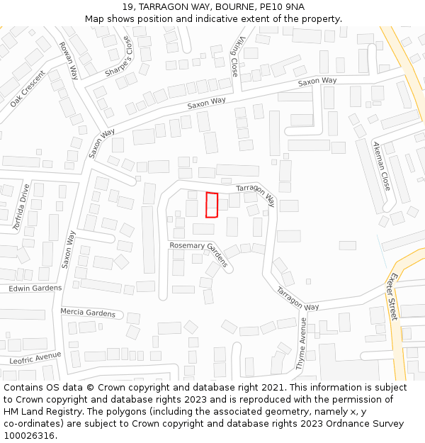 19, TARRAGON WAY, BOURNE, PE10 9NA: Location map and indicative extent of plot