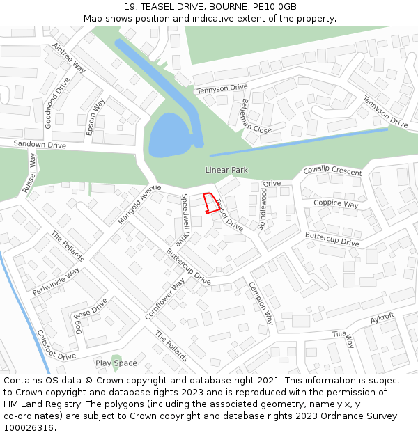 19, TEASEL DRIVE, BOURNE, PE10 0GB: Location map and indicative extent of plot