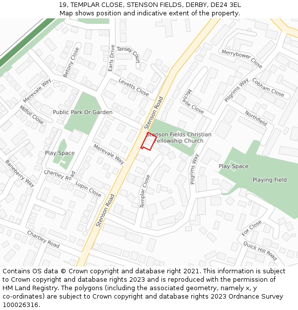 19, TEMPLAR CLOSE, STENSON FIELDS, DERBY, DE24 3EL: Location map and indicative extent of plot