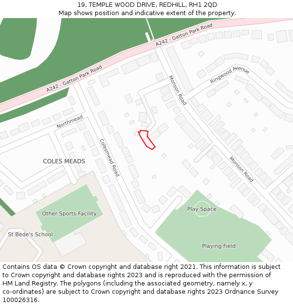 19, TEMPLE WOOD DRIVE, REDHILL, RH1 2QD: Location map and indicative extent of plot