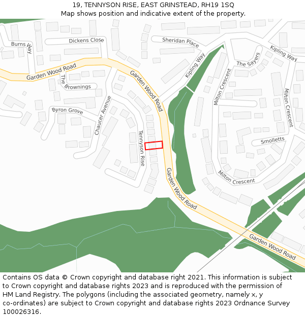 19, TENNYSON RISE, EAST GRINSTEAD, RH19 1SQ: Location map and indicative extent of plot