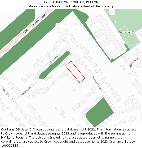 19, THE BARTON, COBHAM, KT11 2NJ: Location map and indicative extent of plot