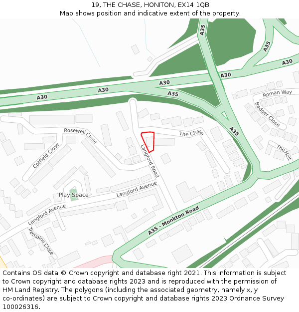 19, THE CHASE, HONITON, EX14 1QB: Location map and indicative extent of plot
