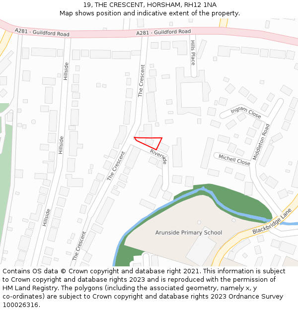 19, THE CRESCENT, HORSHAM, RH12 1NA: Location map and indicative extent of plot