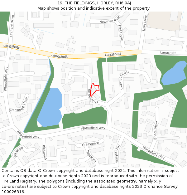 19, THE FIELDINGS, HORLEY, RH6 9AJ: Location map and indicative extent of plot