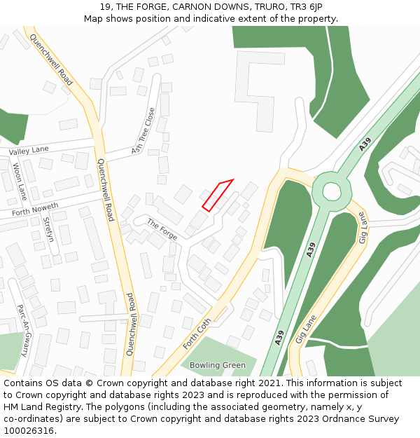 19, THE FORGE, CARNON DOWNS, TRURO, TR3 6JP: Location map and indicative extent of plot