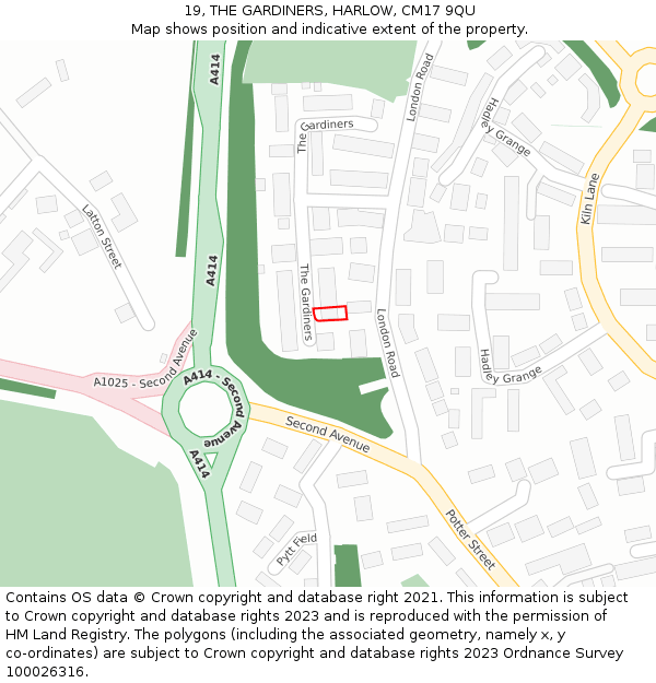 19, THE GARDINERS, HARLOW, CM17 9QU: Location map and indicative extent of plot