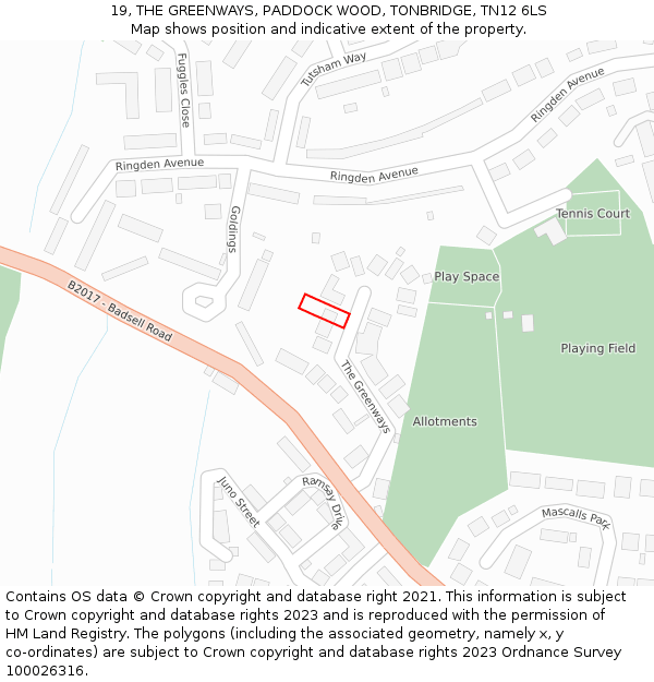 19, THE GREENWAYS, PADDOCK WOOD, TONBRIDGE, TN12 6LS: Location map and indicative extent of plot