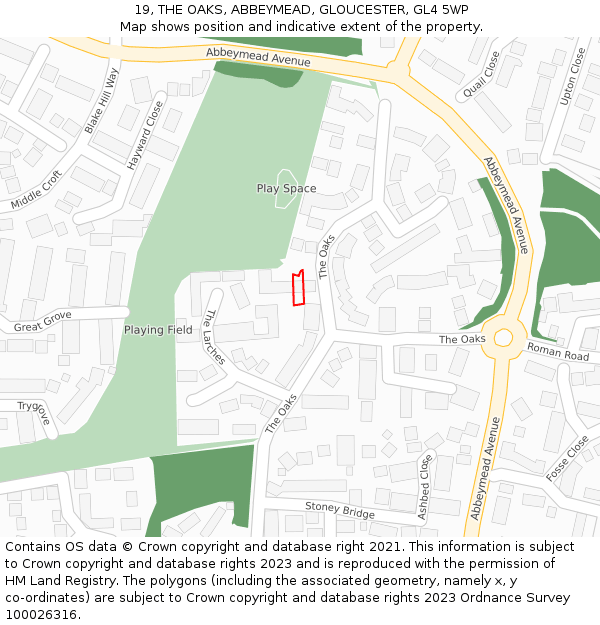 19, THE OAKS, ABBEYMEAD, GLOUCESTER, GL4 5WP: Location map and indicative extent of plot