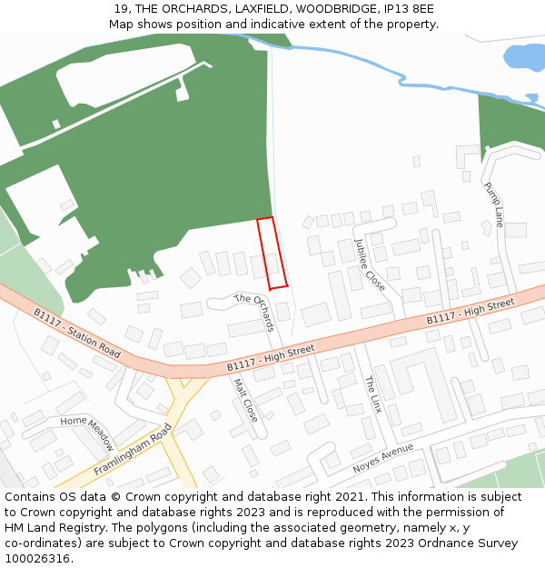 19, THE ORCHARDS, LAXFIELD, WOODBRIDGE, IP13 8EE: Location map and indicative extent of plot