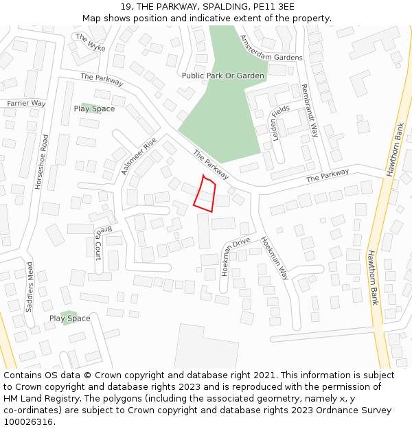 19, THE PARKWAY, SPALDING, PE11 3EE: Location map and indicative extent of plot