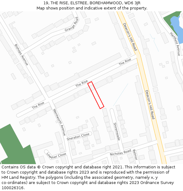 19, THE RISE, ELSTREE, BOREHAMWOOD, WD6 3JR: Location map and indicative extent of plot