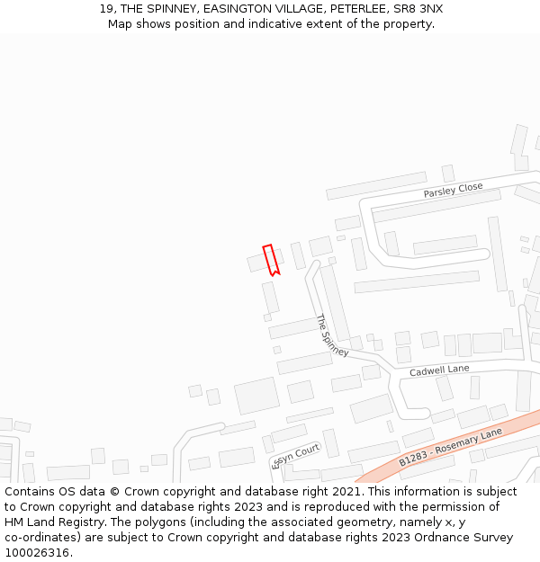 19, THE SPINNEY, EASINGTON VILLAGE, PETERLEE, SR8 3NX: Location map and indicative extent of plot