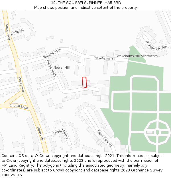 19, THE SQUIRRELS, PINNER, HA5 3BD: Location map and indicative extent of plot