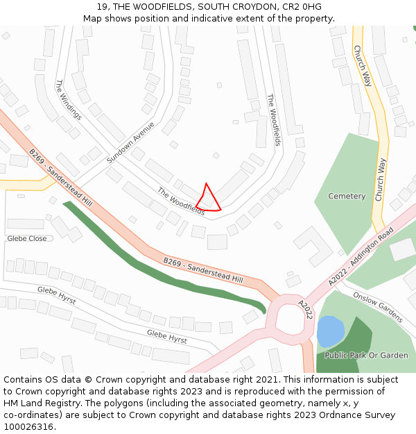 19, THE WOODFIELDS, SOUTH CROYDON, CR2 0HG: Location map and indicative extent of plot