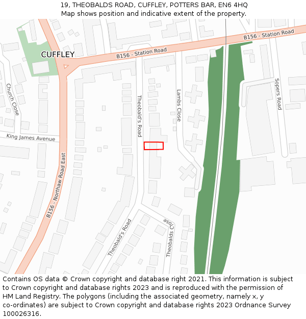 19, THEOBALDS ROAD, CUFFLEY, POTTERS BAR, EN6 4HQ: Location map and indicative extent of plot