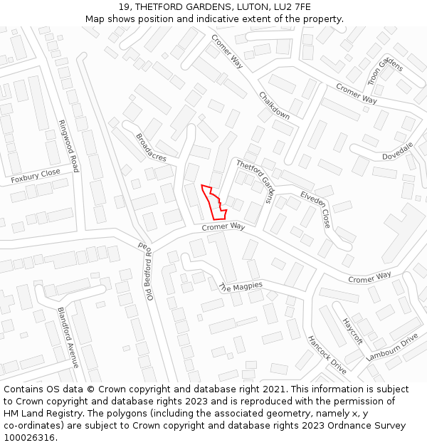 19, THETFORD GARDENS, LUTON, LU2 7FE: Location map and indicative extent of plot