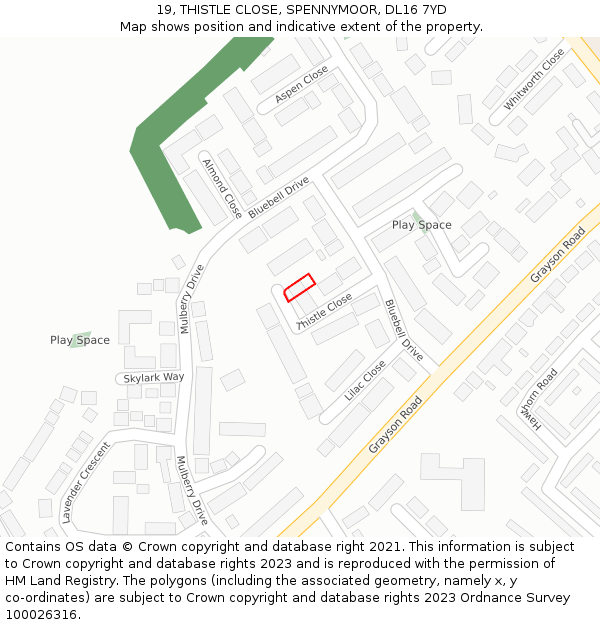 19, THISTLE CLOSE, SPENNYMOOR, DL16 7YD: Location map and indicative extent of plot