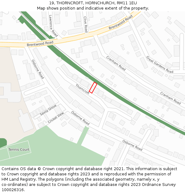 19, THORNCROFT, HORNCHURCH, RM11 1EU: Location map and indicative extent of plot