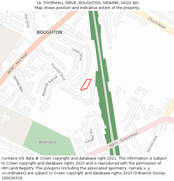 19, THORNHILL DRIVE, BOUGHTON, NEWARK, NG22 9JG: Location map and indicative extent of plot