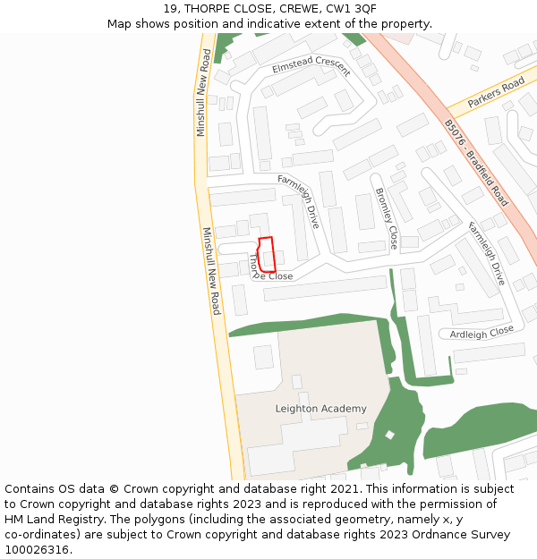 19, THORPE CLOSE, CREWE, CW1 3QF: Location map and indicative extent of plot