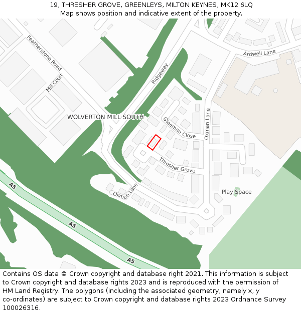 19, THRESHER GROVE, GREENLEYS, MILTON KEYNES, MK12 6LQ: Location map and indicative extent of plot