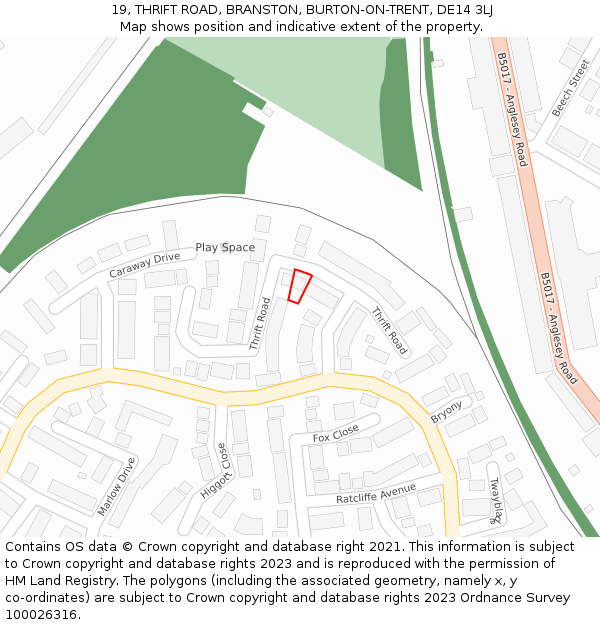 19, THRIFT ROAD, BRANSTON, BURTON-ON-TRENT, DE14 3LJ: Location map and indicative extent of plot
