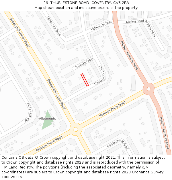 19, THURLESTONE ROAD, COVENTRY, CV6 2EA: Location map and indicative extent of plot