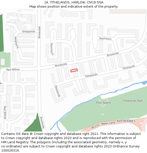 19, TITHELANDS, HARLOW, CM19 5NA: Location map and indicative extent of plot