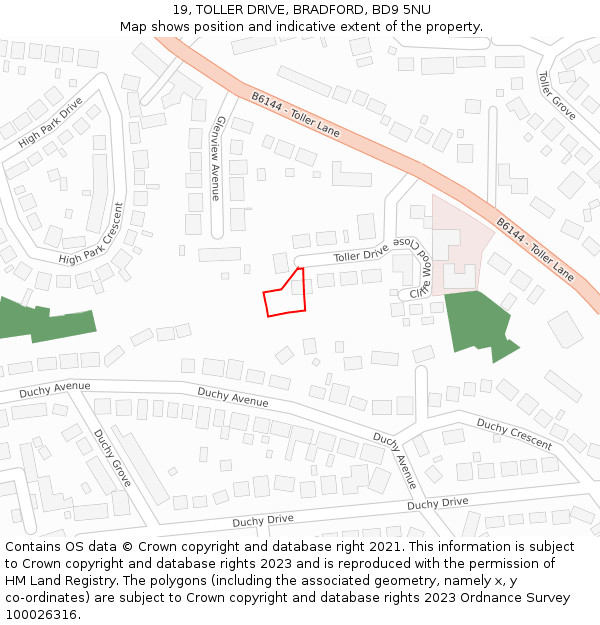 19, TOLLER DRIVE, BRADFORD, BD9 5NU: Location map and indicative extent of plot