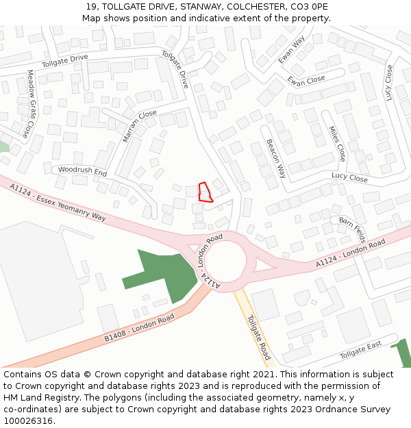 19, TOLLGATE DRIVE, STANWAY, COLCHESTER, CO3 0PE: Location map and indicative extent of plot