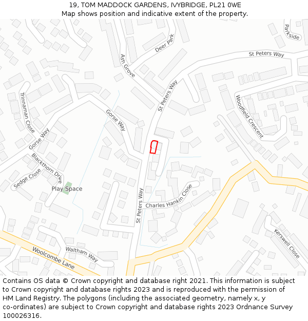 19, TOM MADDOCK GARDENS, IVYBRIDGE, PL21 0WE: Location map and indicative extent of plot