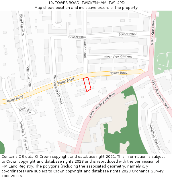 19, TOWER ROAD, TWICKENHAM, TW1 4PD: Location map and indicative extent of plot