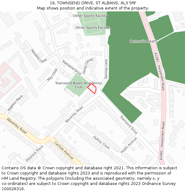 19, TOWNSEND DRIVE, ST ALBANS, AL3 5RF: Location map and indicative extent of plot