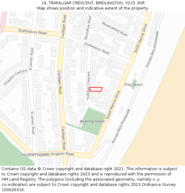 19, TRAFALGAR CRESCENT, BRIDLINGTON, YO15 3NR: Location map and indicative extent of plot