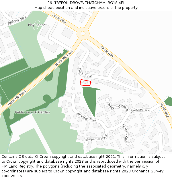 19, TREFOIL DROVE, THATCHAM, RG18 4EL: Location map and indicative extent of plot