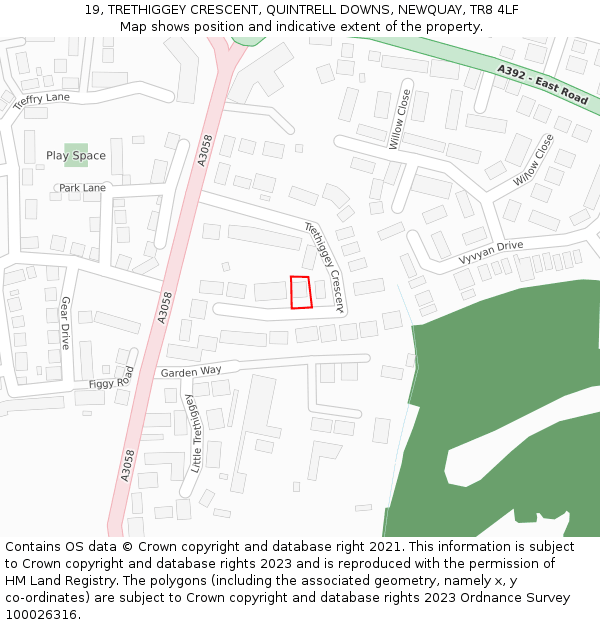 19, TRETHIGGEY CRESCENT, QUINTRELL DOWNS, NEWQUAY, TR8 4LF: Location map and indicative extent of plot