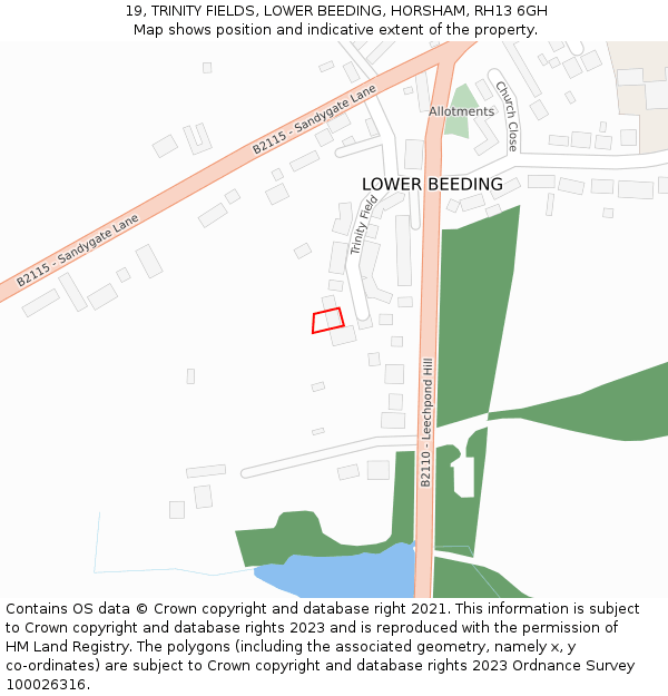 19, TRINITY FIELDS, LOWER BEEDING, HORSHAM, RH13 6GH: Location map and indicative extent of plot