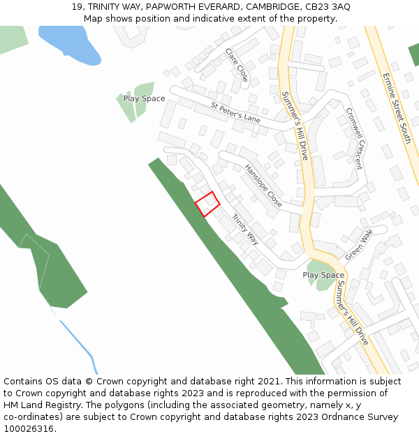 19, TRINITY WAY, PAPWORTH EVERARD, CAMBRIDGE, CB23 3AQ: Location map and indicative extent of plot