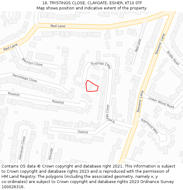 19, TRYSTINGS CLOSE, CLAYGATE, ESHER, KT10 0TF: Location map and indicative extent of plot