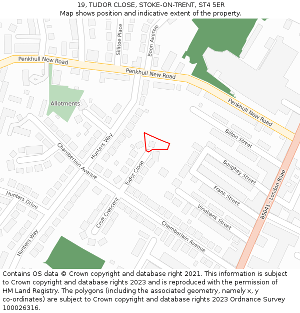 19, TUDOR CLOSE, STOKE-ON-TRENT, ST4 5ER: Location map and indicative extent of plot