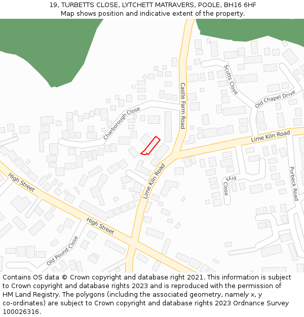 19, TURBETTS CLOSE, LYTCHETT MATRAVERS, POOLE, BH16 6HF: Location map and indicative extent of plot