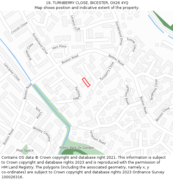 19, TURNBERRY CLOSE, BICESTER, OX26 4YQ: Location map and indicative extent of plot