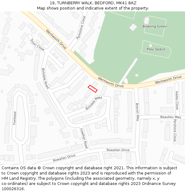 19, TURNBERRY WALK, BEDFORD, MK41 8AZ: Location map and indicative extent of plot