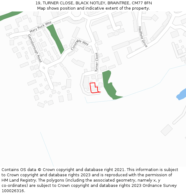 19, TURNER CLOSE, BLACK NOTLEY, BRAINTREE, CM77 8FN: Location map and indicative extent of plot