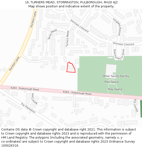 19, TURNERS MEAD, STORRINGTON, PULBOROUGH, RH20 4JZ: Location map and indicative extent of plot