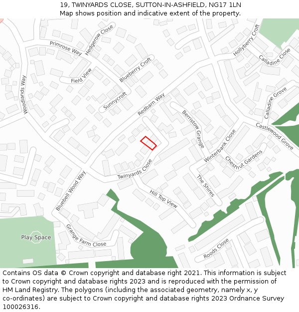 19, TWINYARDS CLOSE, SUTTON-IN-ASHFIELD, NG17 1LN: Location map and indicative extent of plot
