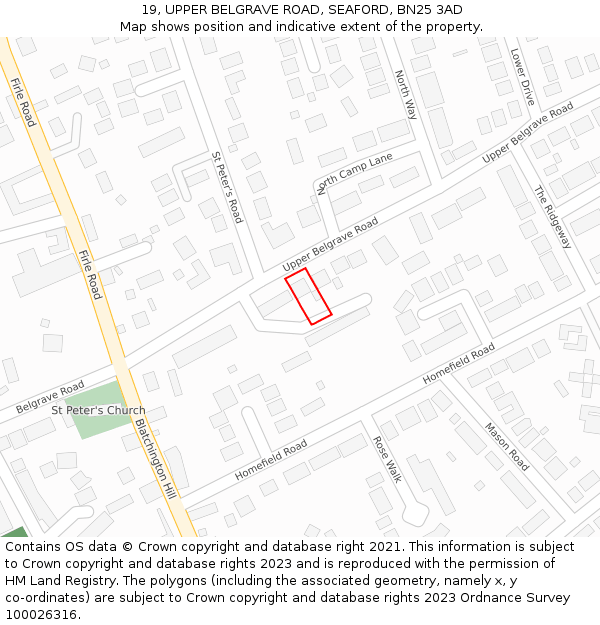 19, UPPER BELGRAVE ROAD, SEAFORD, BN25 3AD: Location map and indicative extent of plot